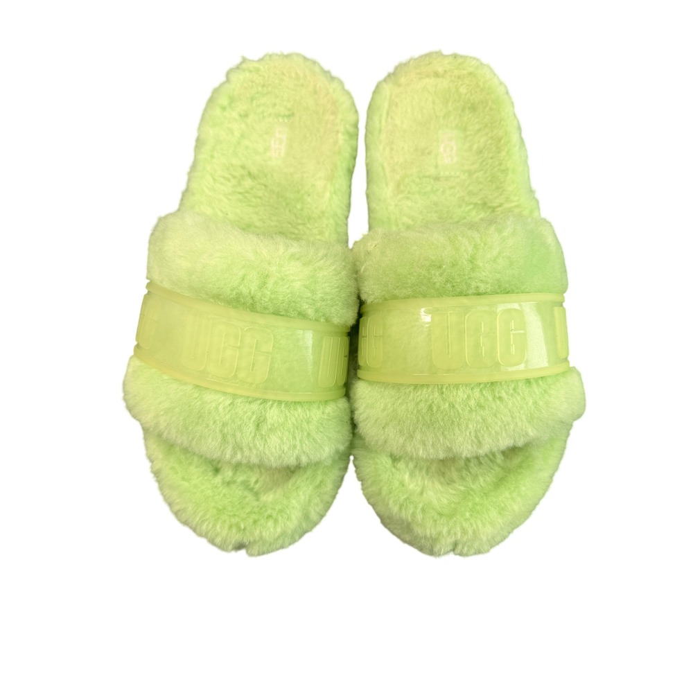 Ugg Women's Fluffita Shearling Platform Slide Slippers Lime Clear Strap Size 9